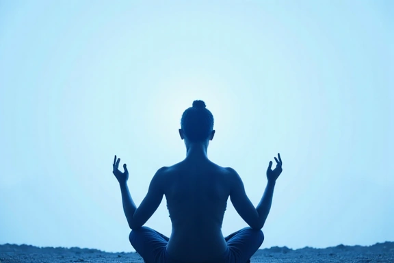 Persona che medita, calma e serena con toni blu e bianchi